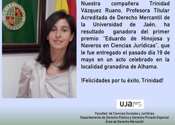Trinidad Vazquez Ruano, primer premio "Eduardo de Hinojosa y Naveros en Ciencias Jurídicas"
